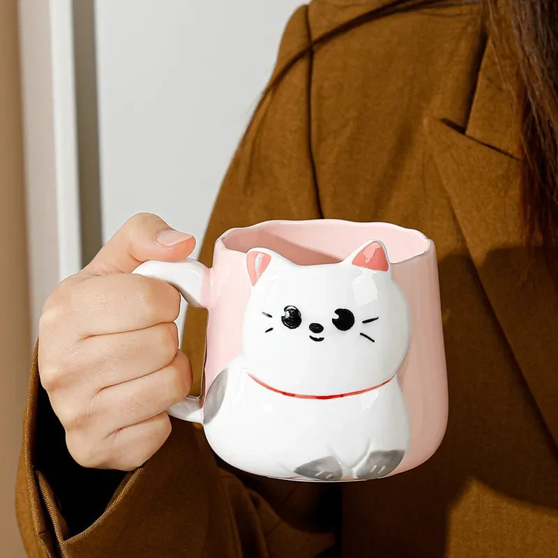 Cartoon 3D Embossed Ceramic Cute Cat Coffee Mug