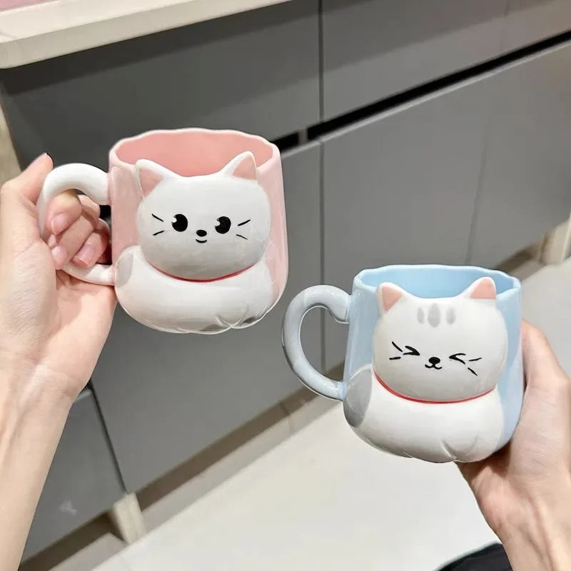 Cartoon 3D Embossed Ceramic Cute Cat Coffee Mug