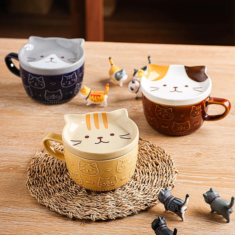 Japanese Ceramic Cartoon Animal Breakfast Coffee Mug With Lid