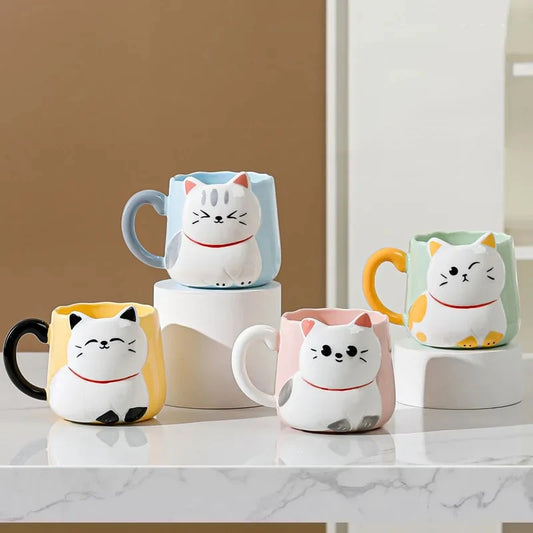 Cartoon 3D Embossed Ceramic Cute Cat Coffee Mug