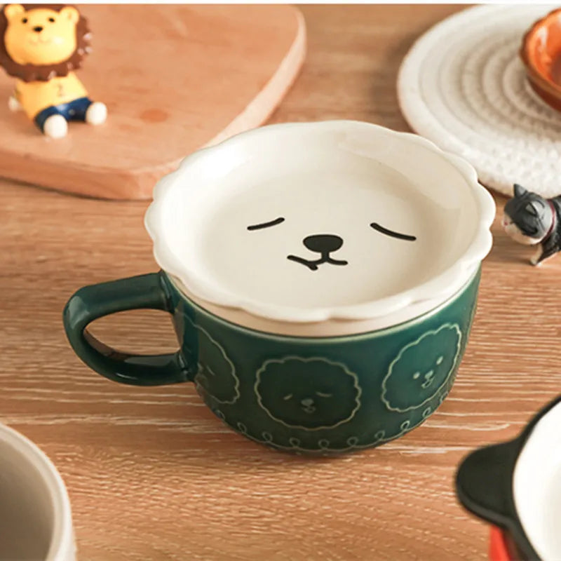 Japanese Ceramic Cartoon Animal Breakfast Coffee Mug With Lid