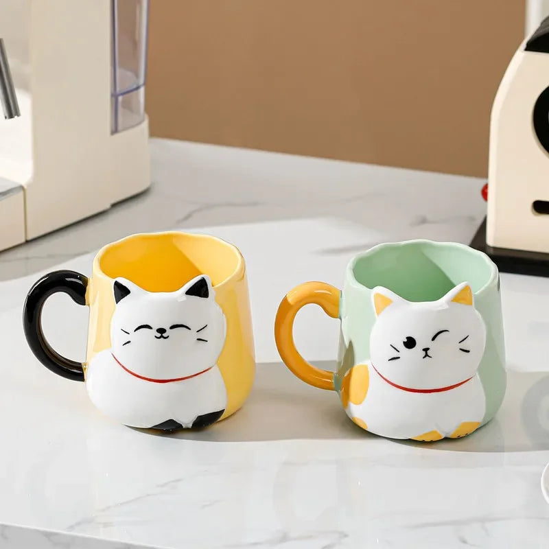 Cartoon 3D Embossed Ceramic Cute Cat Coffee Mug